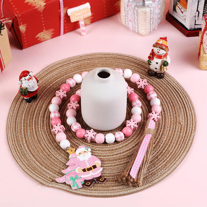 JOYMEMO Pink Christmas Wood Bead Garland with Tassels, Wooden Snowflake Checkered Beads Strands for Xmas Winter Holiday New Year Party, Boho Tree Home Hanging Ornaments Decor Supplies Outdoor Indoor