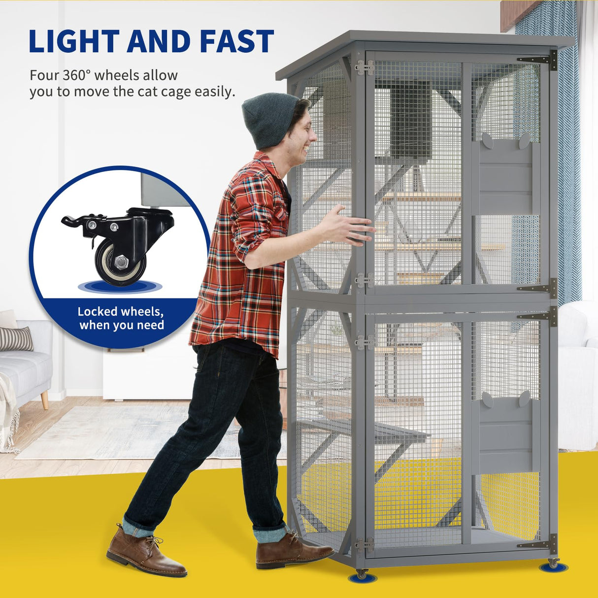 Catio, Outdoor Cat Enclosure with 3 Platforms, Outdoor Cat House with Fir Wood, Weatherproof Kitty Catio with Resting Box, 4 * 360° Wheels DEYGIA