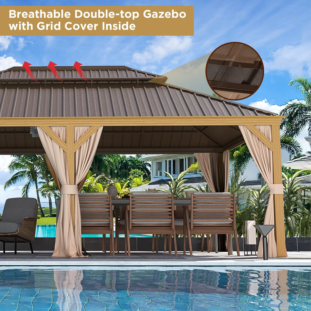 YOLENY 12' x 22' Gazebo, Hardtop Gazebo Wood-Looking Gazebo with Galvanized Steel Double Roof, Aluminum Frame, Outdoor Patio Hardtop Gazebo with Netting and Curtains for Deck, Backyard, Patio, Lawns YOLENY