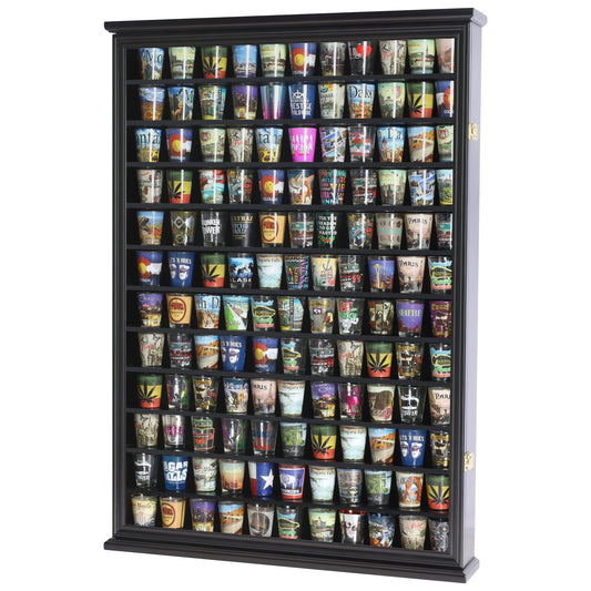 Large 144 Shot Glass Display Case Rack Solid Wood Cabinet Holder Wall Curio Cabinet Shadow Box for Action Figures Small Figurines - Lockable with UV - WoodArtSupply