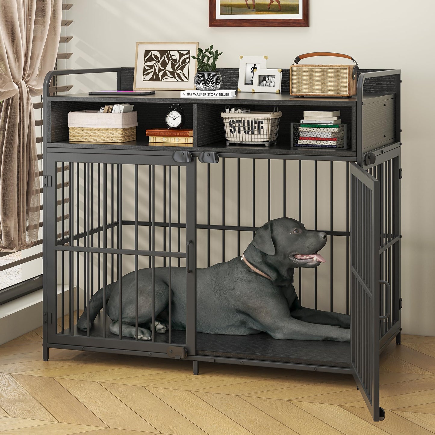 Saudism Dog Crate for Large Dogs, Black Furniture Dog Crate, Large Dog Kennel Indoor, Heavy Duty Wood Dog Cage Table with Drawers Storage, Sturdy Metal, Inner Size: 39.4" L x 22.5" W x 23.3"  - WoodArtSupply