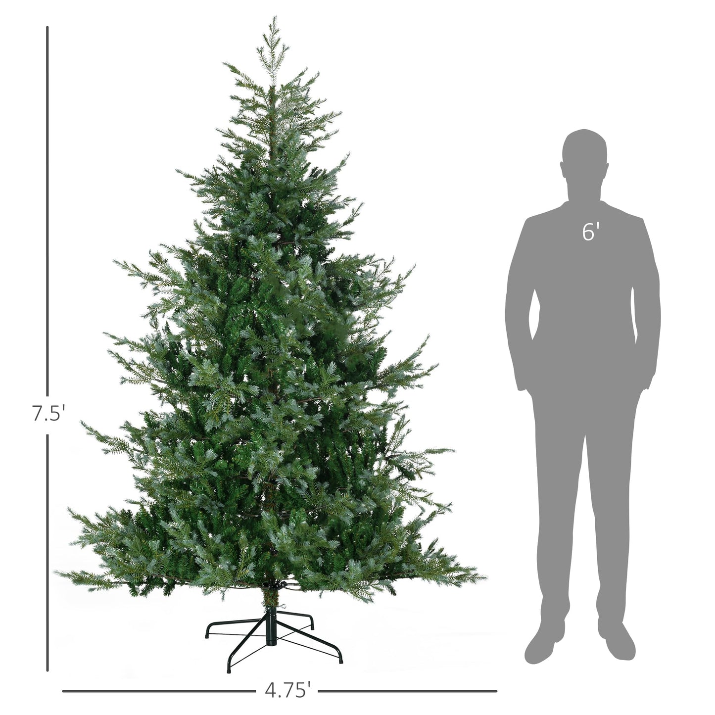 HOMCOM 7.5ft Artificial Christmas Tree Holiday Décor with 1288 Branches, Auto Open, Steel Base, Wide Shape, Easy-to-Shape Branches