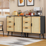 Iwell Storage Cabinet with Rattan Door & 3 Drawers, Rattan Cabinet with Adjustable Shelf, Rattan Dresser, Accent Cabinet for Living Room, Entryway, Kitchen, Black Iwell