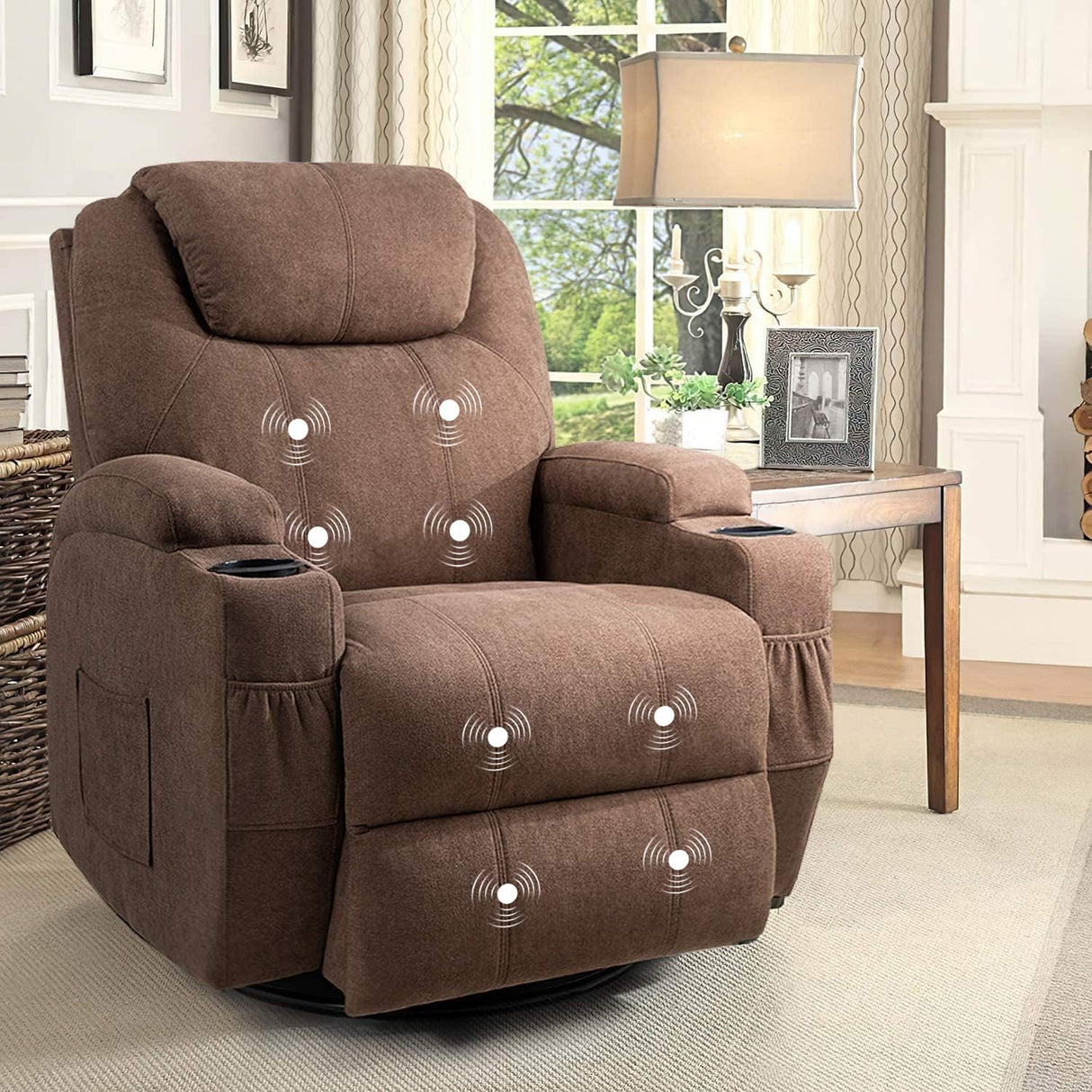 Flamaker Rocking Chair Recliner Chair with Massage Swivel Ergonomic Lounge Chair Classic Single Sofa with 2 Cup Holders Side Pockets Living Room Chair Home Theater Seat (Brown) Flamaker