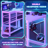 Homieasy Small Gaming Desk with Power Outlets Pegboard LED Light, 43 Inch L Shaped Computer Desk with Monitor Stand Storage Shelves, Reversible Corner Desk with Headset Hooks, White Homieasy