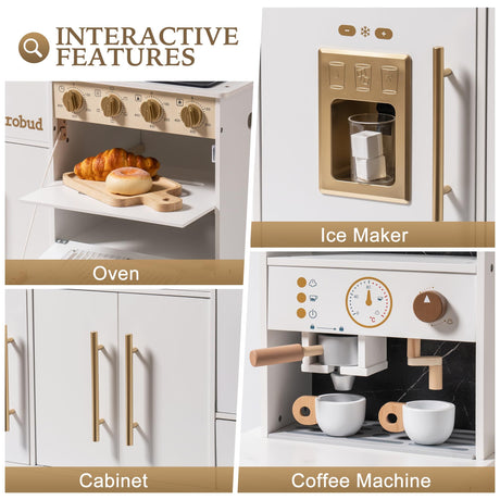 ROBUD Play Kitchen for Kids, Wooden Play Kitchen Set with Plenty of Realistic Play Features, Toy Kitchen with Ice Maker, Coffee Machine, Oven, Cabinet, Microwave, Utensils, Gift for Ages 3+, White ROBUD