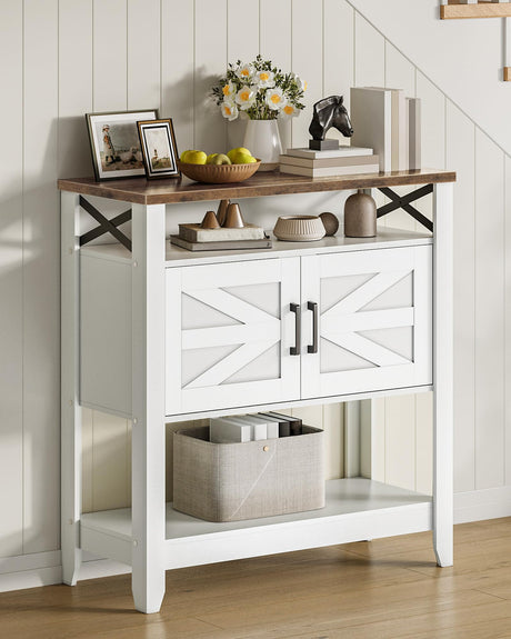 CHOEZON Console Table, Farmhouse Sofa Table with Power Outlet, Entryway Table with Cabinet and Open Shelves, Coffee Bar Cabinet with Storage for Entrance, Hallway, Kitchen, White and Walnut MXG01UWL CHOEZON
