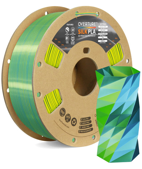OVERTURE Silk PLA Dual Color Filament 1.75mm, Bi-Color Shiny PLA Finish, Smooth & Glossy, 1kg Spool (2.2lbs), Ideal for Cosplay Jewelry & Home Decor (Silk Blue-Yellow) OVERTURE