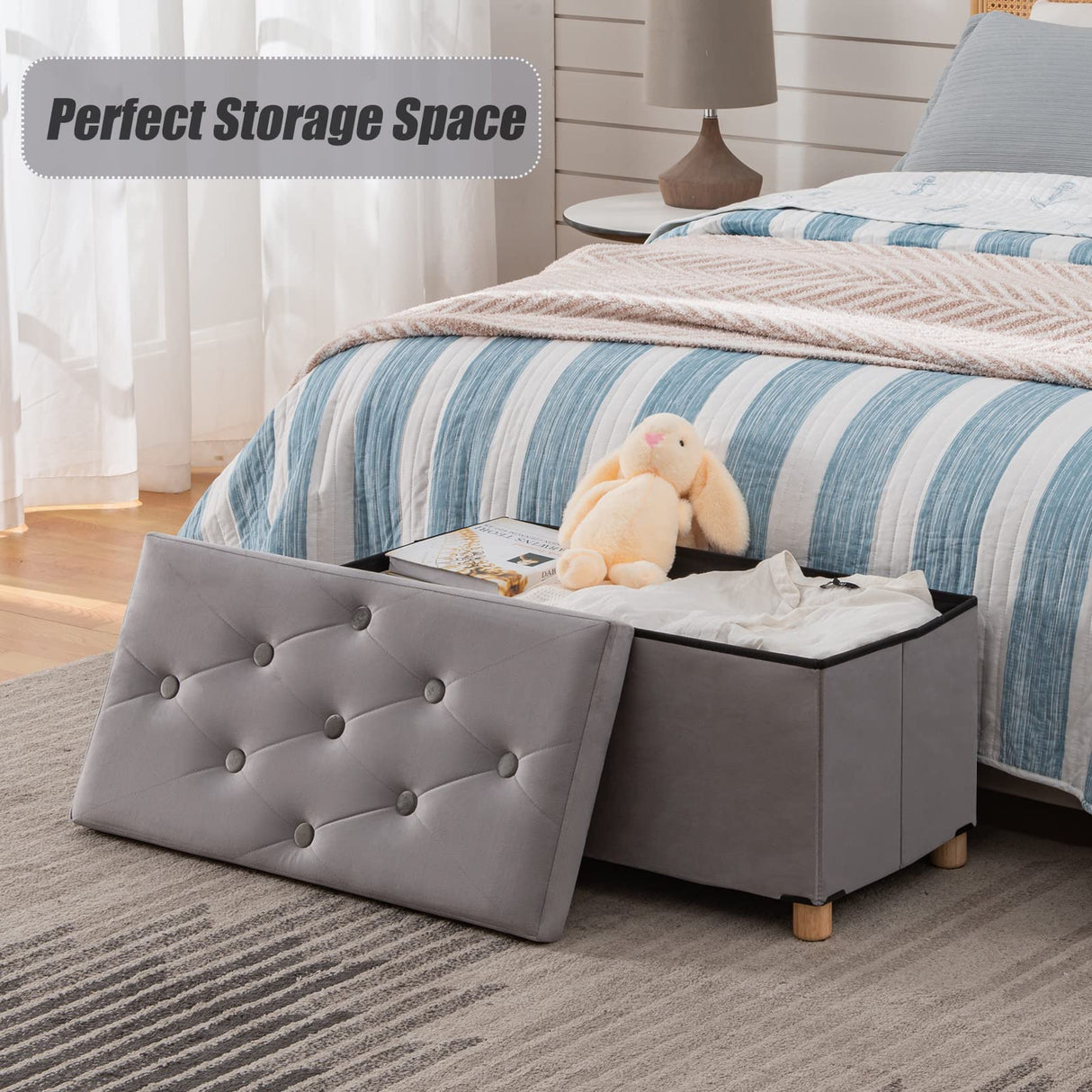 BRIAN & DANY 30 Inches Folding Storage Ottoman Bench, Ottoman with Storage for Living Room, with Wooden Feet and Lid, Grey BRIAN & DANY