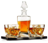Whiskey Decanter & Glasses Crystal Set, Italian Crafted 5 Piece European Style Wine & Whiskey 855ml, With Wood Sophisticated Tray Set - Spirits, Scotch, & Bourbon Whiskey Glassware The Wine Savant