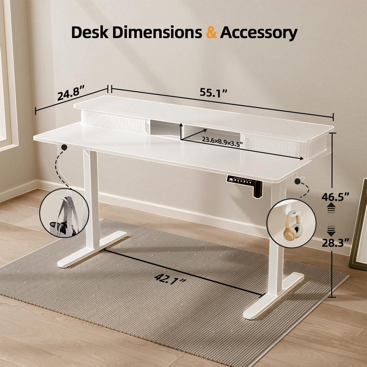 JOY worker Height Adjustable Electric Standing Desk with Storage Shelves, 55 Inch Table with Built-in Monitor Stand, Sit Stand Desk with 2 Hooks for Home Office, White JOY worker