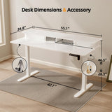 JOY worker Height Adjustable Electric Standing Desk with Storage Shelves, 55 Inch Table with Built-in Monitor Stand, Sit Stand Desk with 2 Hooks for Home Office, White JOY worker