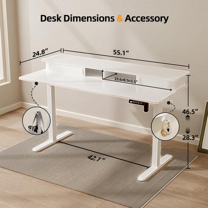 JOY worker Height Adjustable Electric Standing Desk with Storage Shelves, 55 Inch Table with Built-in Monitor Stand, Sit Stand Desk with 2 Hooks for Home Office, White - WoodArtSupply