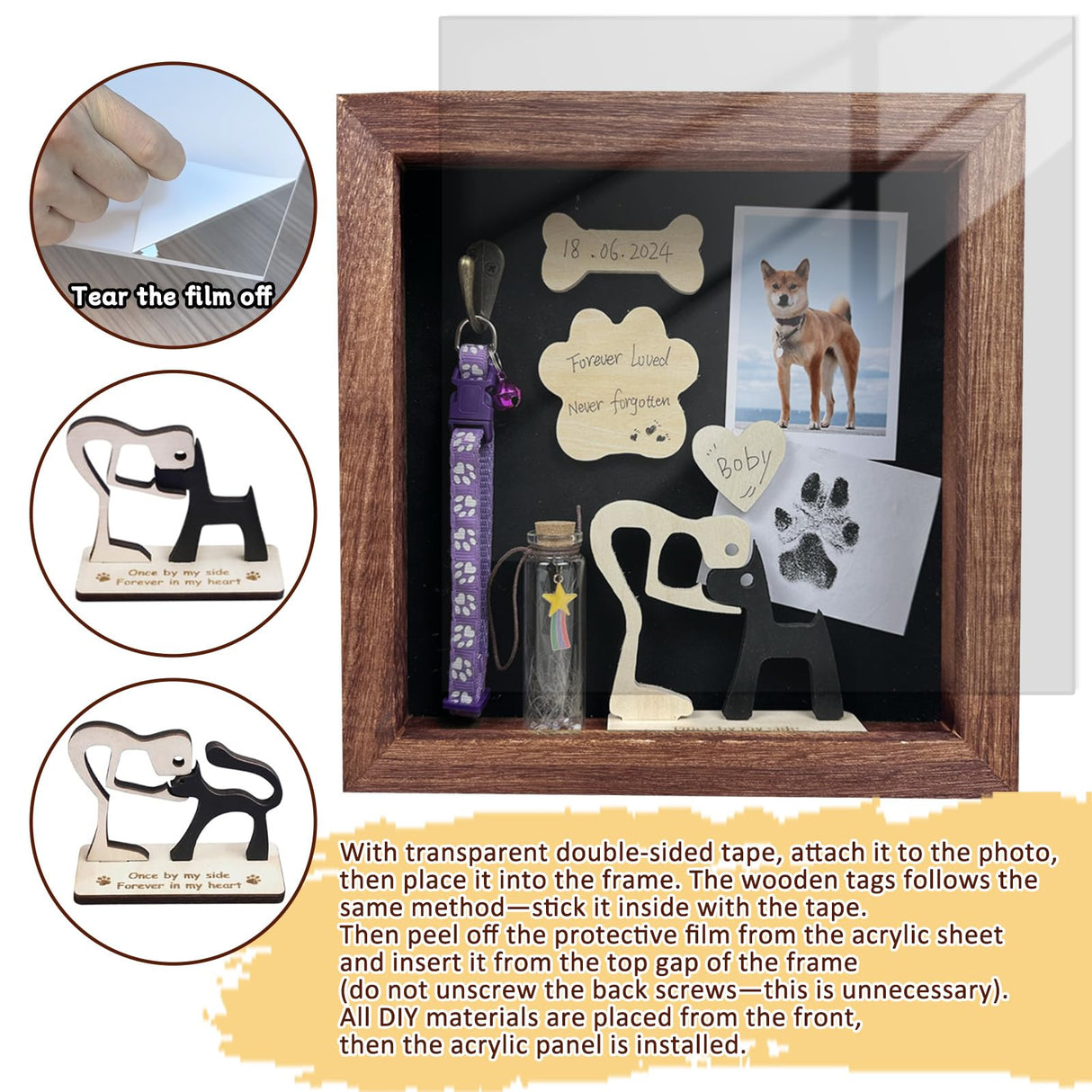 Dog Memorial Shadow Box Gift Pet Memory Display Case Wooden Picture Frame Pet Paw Ink Kit Glass Fur Jar Pets Keepsake Holder for Passed Away Dogs Cats idea Gifts for Pet Lover (Brown Dog Frame) TIOTG