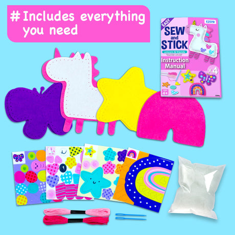 EZCRA Easy Arts and Crafts for Kids - No Mess Sewing Kit for Kids - 4 Easy to Do Unicorn Sewing Projects - Fun Felt Stickers - Tools with Instruction - Gifts for Girls Age 4,5,6,7,8 EZCRA