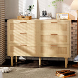 Greenvelly 6 Drawer Double Dresser for Bedroom, Modern Rattan 6 Drawer Dresser with Golden Handles, Wooden Storage Chest of Drawers for Bedroom, Living Room, Hallway Greenvelly