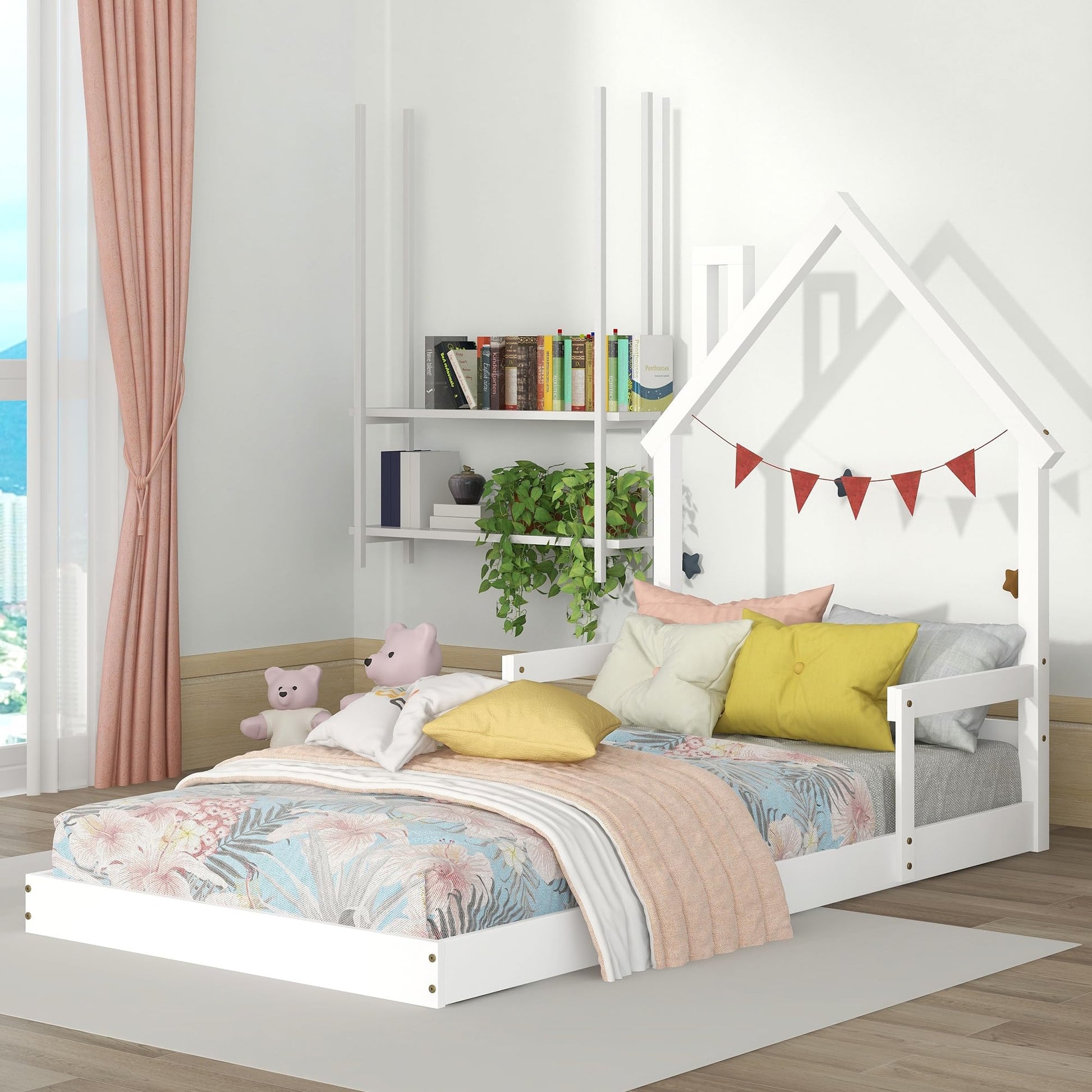 Bellemave Twin Size House-Shaped Headboard Floor Bed for Kids,Montessori Floor Bed with Handrails and Slats,Wood House Bed Twin for Girls,Boys(Twin,White) - WoodArtSupply