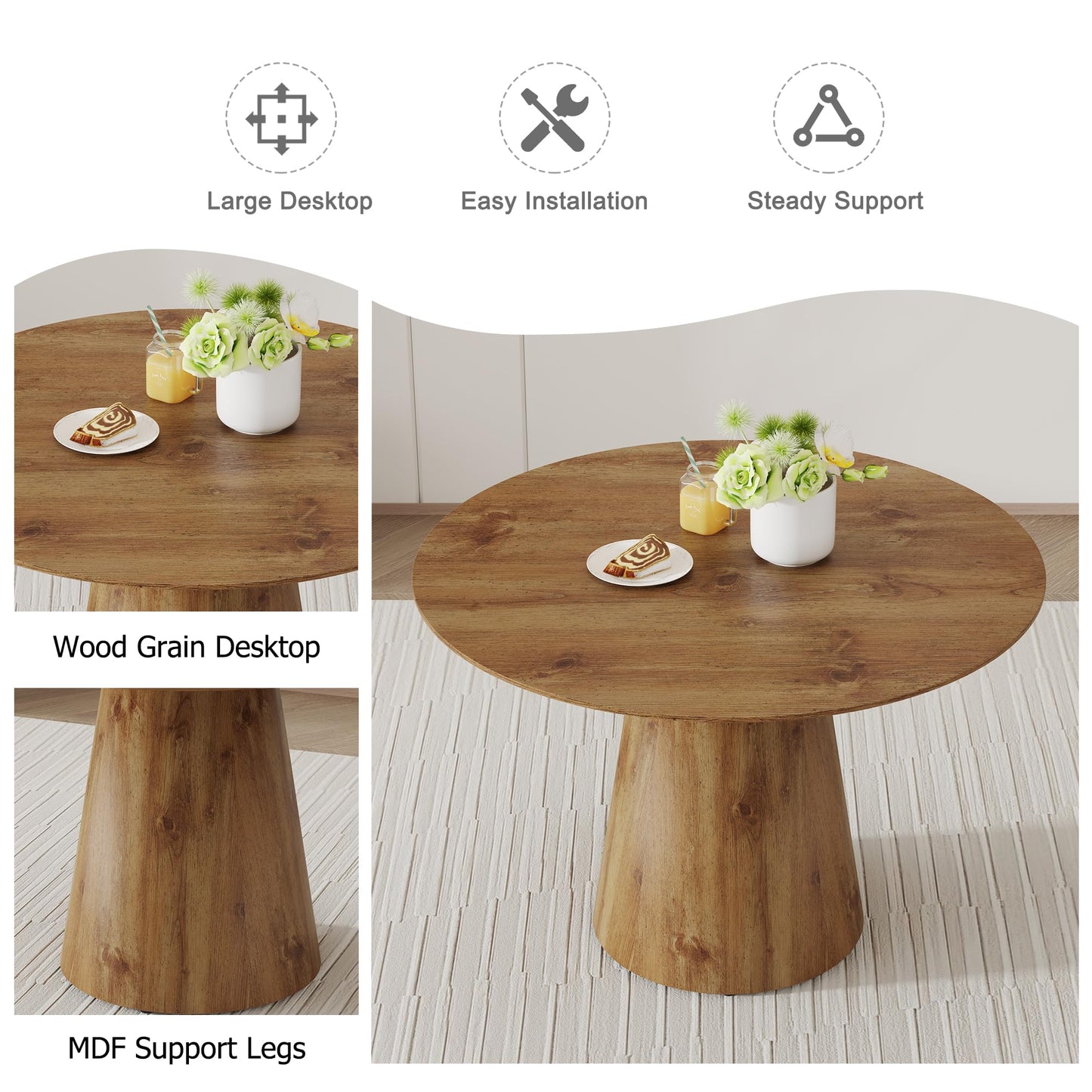 5 Piece Round Dining Table Set, Modern Kitchen Table and Chairs Set for 4, Wooden Table with 2.4-inch Thick Tabletop&4 Mid Century Upholstered Chairs with Soft Linen Fabric Cushion Seat&Metal Legs.