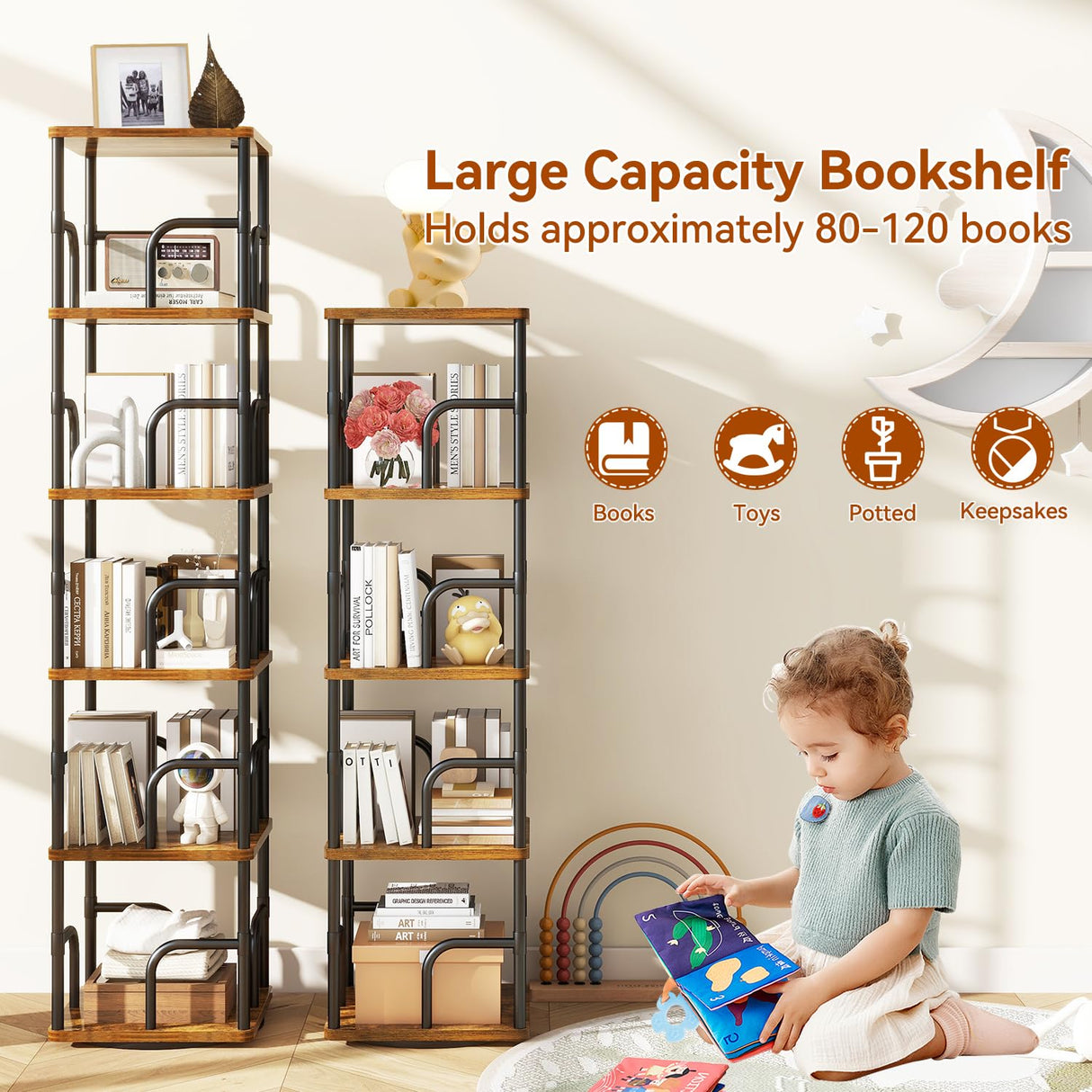 IBUYEK 6 Tier Square Rotating Bookshelf, 360° Spinning Bookcases Tower,Freestanding Corner Bookshelf with Rails,Industrial Swivel Bookcase Organizer for Bedroom, Living Room,Study,Brown,UTBC005H IBUYKE
