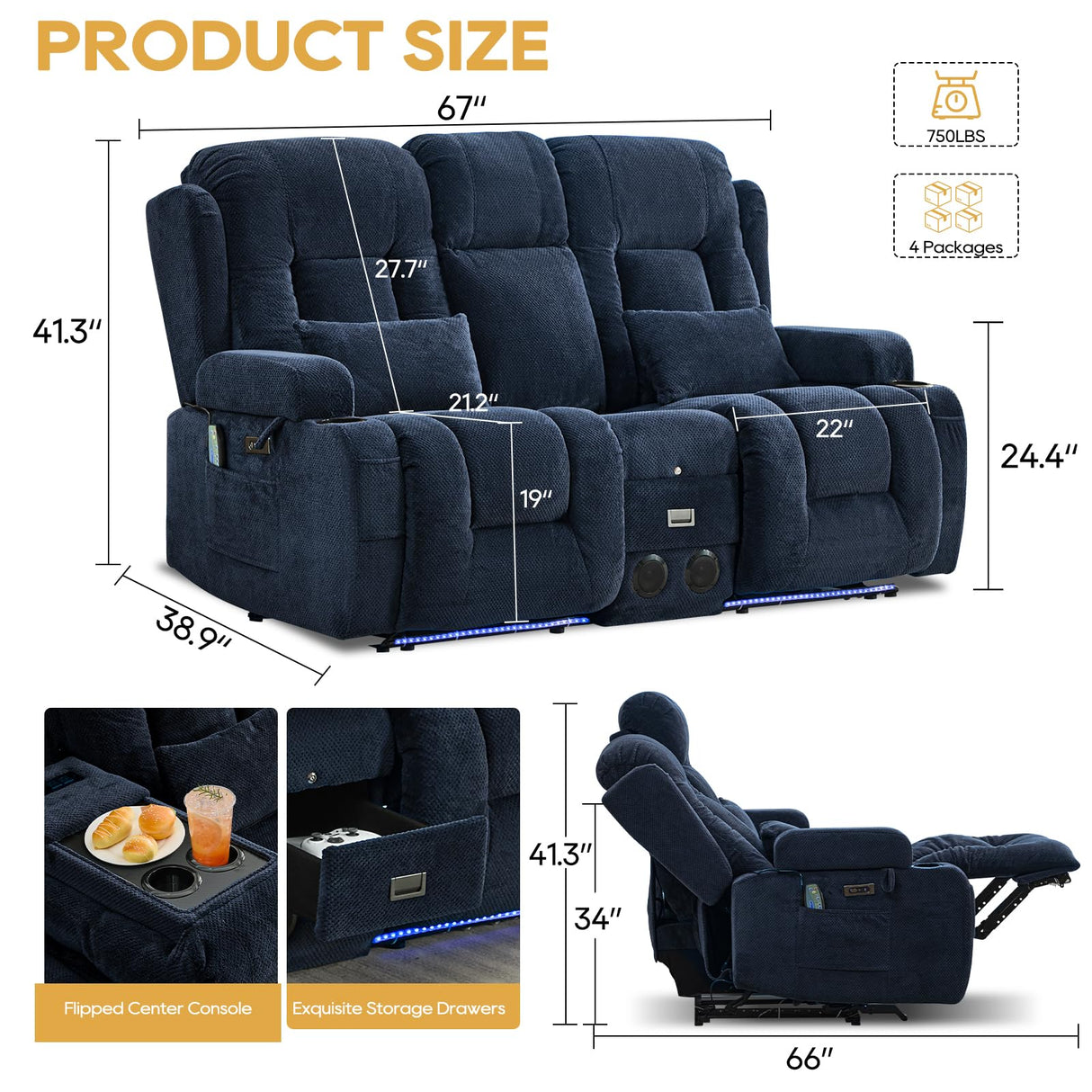 IPKIG Power Loveseat Recliner Sofa with Flip-Up Backrest Console, Drawer, AC Outlet, LED Light, Bluetooth Speakers, Wall Hugger Recliners for Living Room, RV, Home Theater (Navy Blue, Loveseat) IPKIG