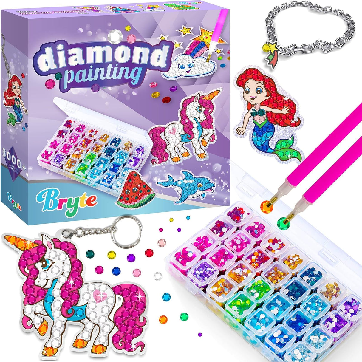 BRYTE Diamond Painting Kits for Kids - Unicorn & Mermaid Crafts with Storage Case, Jewelry, Keychains, Stickers & More - Diamond Art Kits for Kids BRYTE