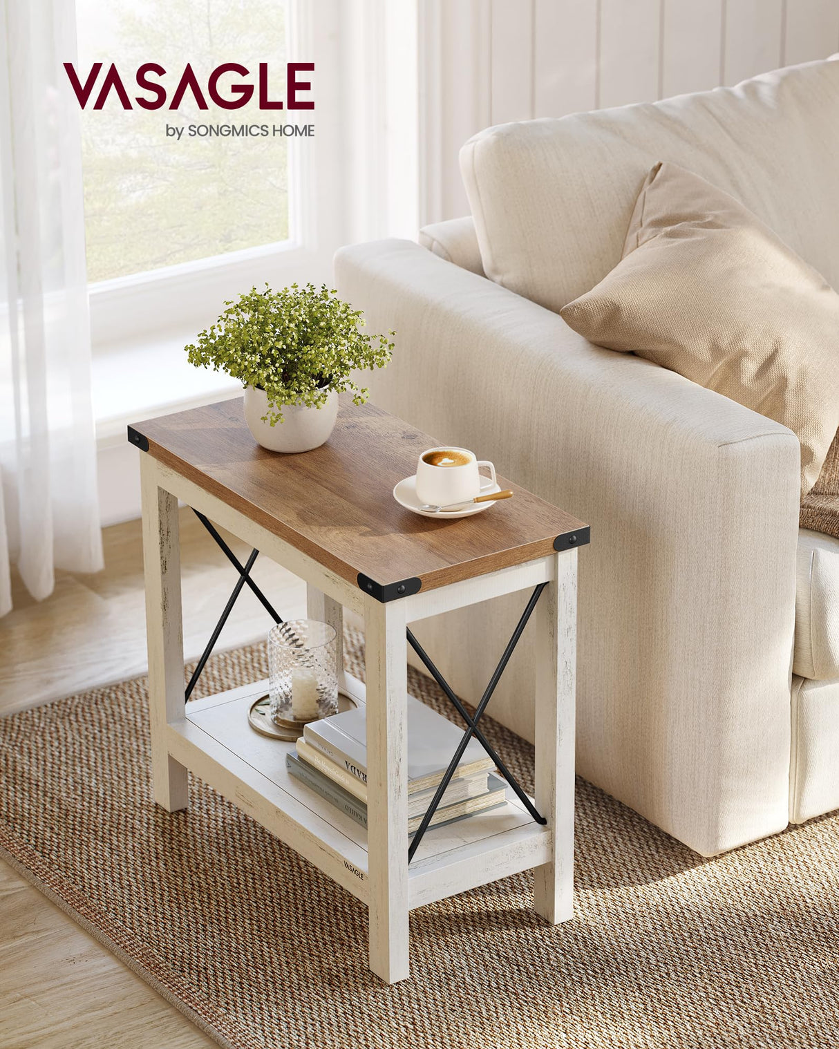 VASAGLE 2-Tier End Table, Side Table with Bottom Shelf, Nightstand for Small Spaces, for Living Room, Bedroom, Farmhouse Style, Rustic White and Honey Brown ULET235W01 VASAGLE