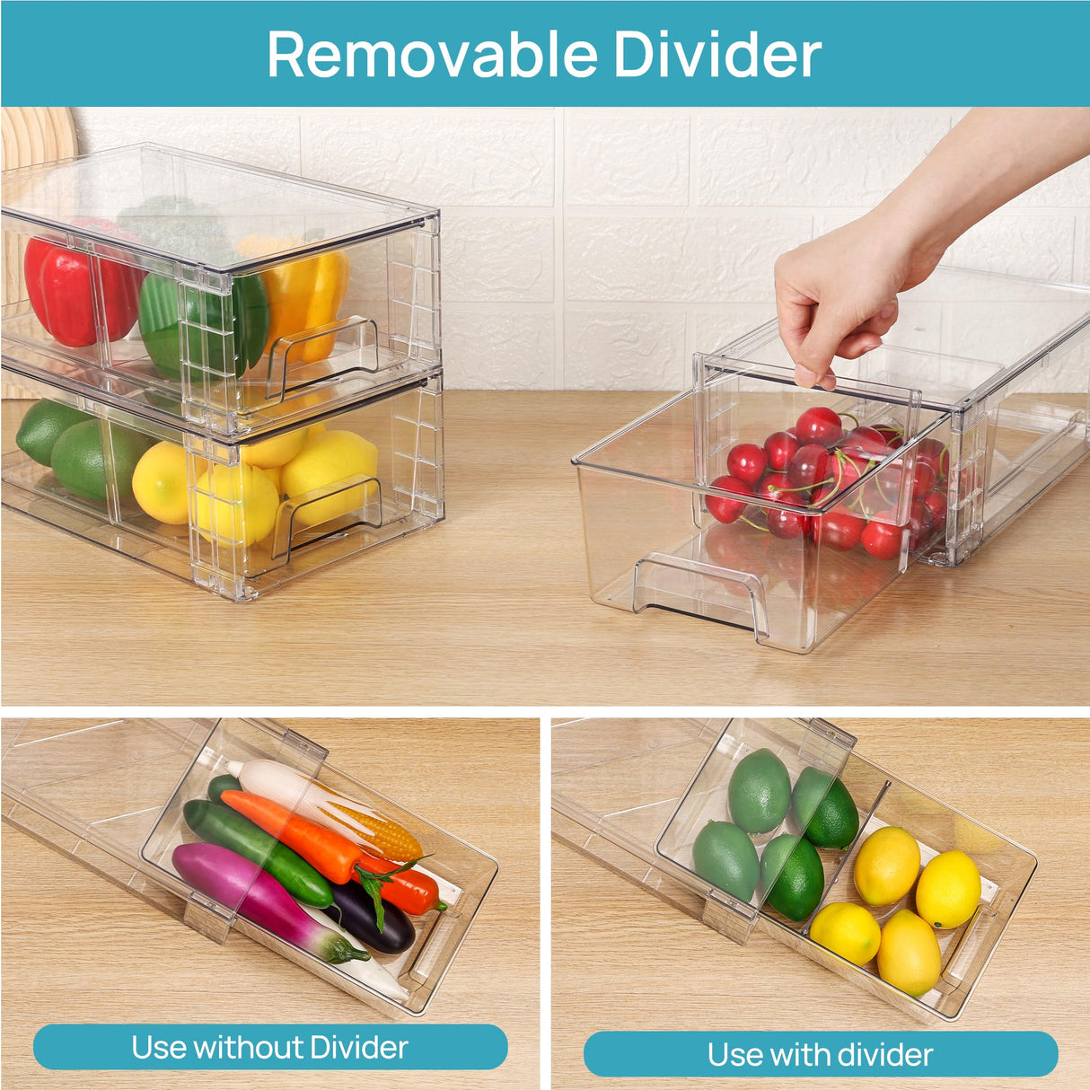 4 Pack Stackable Storage Drawers,Clear Acrylic Drawer Organizers with Handles, Easily Assemble for Fridge, Bathroom,Kitchen Undersink,Cabinet,Pantry Organization and Storage Vtopmart
