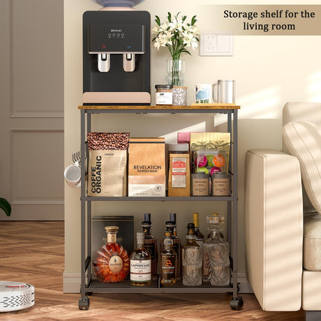 ThreeHio Rolling Kitchen Microwave Cart, 3 Tier Microwave Table Stand with Storage, Kitchen Utility Cart on Lockable Wheels, Small Coffee Cart Shelf Rack Organizer for Living Room Office, Balcony ThreeHio