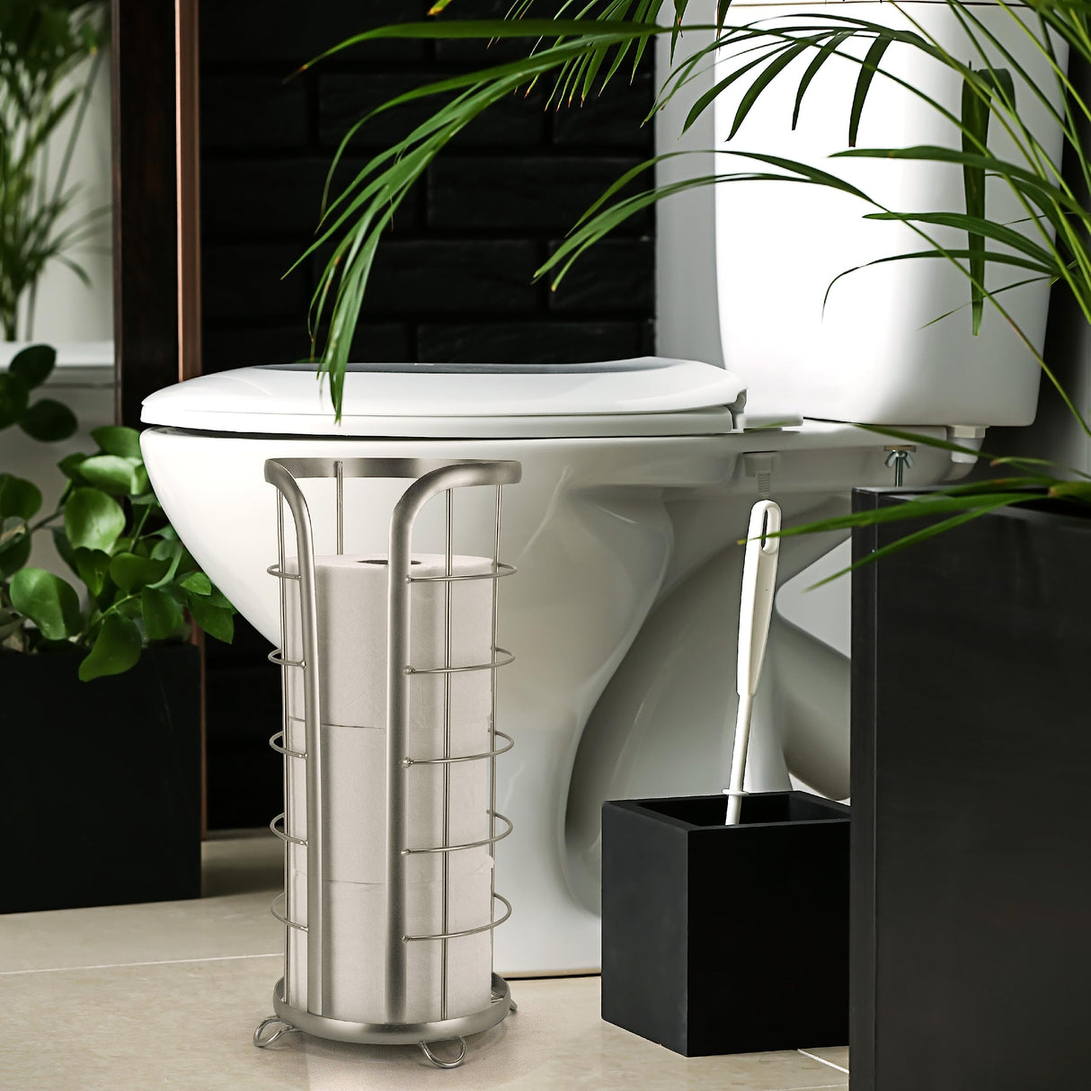 BROOKSTONE, Nickel Toilet Paper Holder, Freestanding Bathroom Tissue Organizer, Minimalistic Storage Solution, Modern & Stylish Design [Holds MEGA Rolls] Brookstone