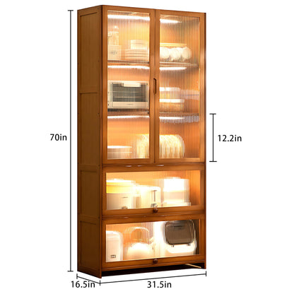 70" Tall Kitchen Pantry Storage Cabinet, Bamboo Farmhouse Pantry Cabinet with Acrylic Doors and 2 Drawers, 5 Tier Bathroom Storage Cabinet, Freestanding Kitchen Bake Rack Cupboard for Dining Room