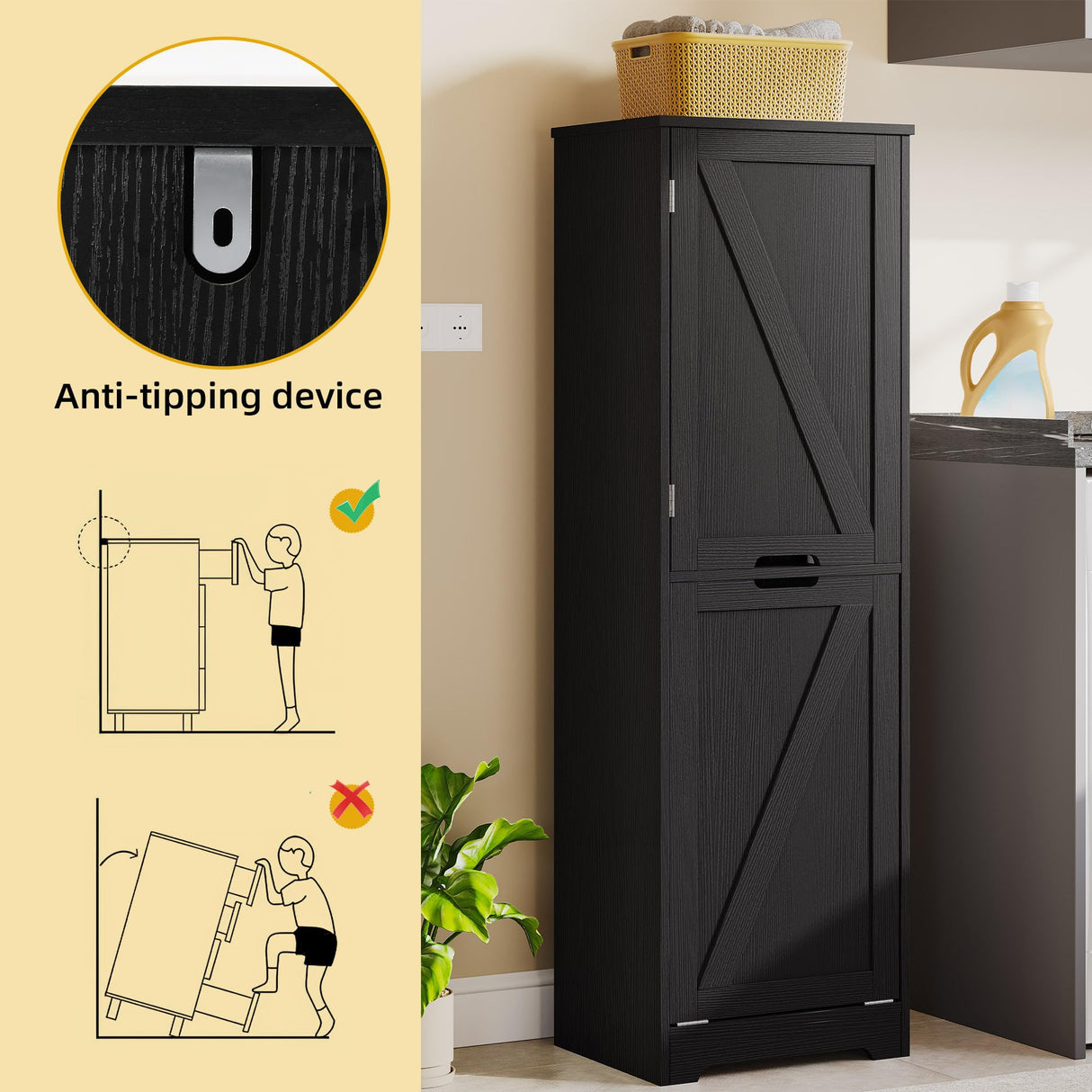 DWVO Tilt Out Laundry Hamper - 53" Tall Bathroom Storage Cabinet Laundry Cabinet with Adjustable Shelves and Clothes Basket, Laundry Hamper Shelf for Laundry Room Bathroom Organizer, Black DWVO