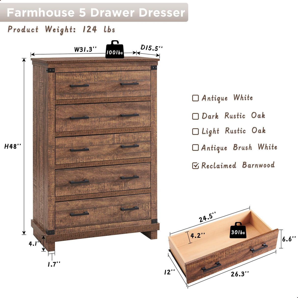 Farmhouse 5 Drawers Dresser for Bedroom, Tall Chest of Drawers with Thick Plank Styling, Wood Rustic Closet Dresser for Bedroom, Living Room, Reclaimed Barnwood RedLemon