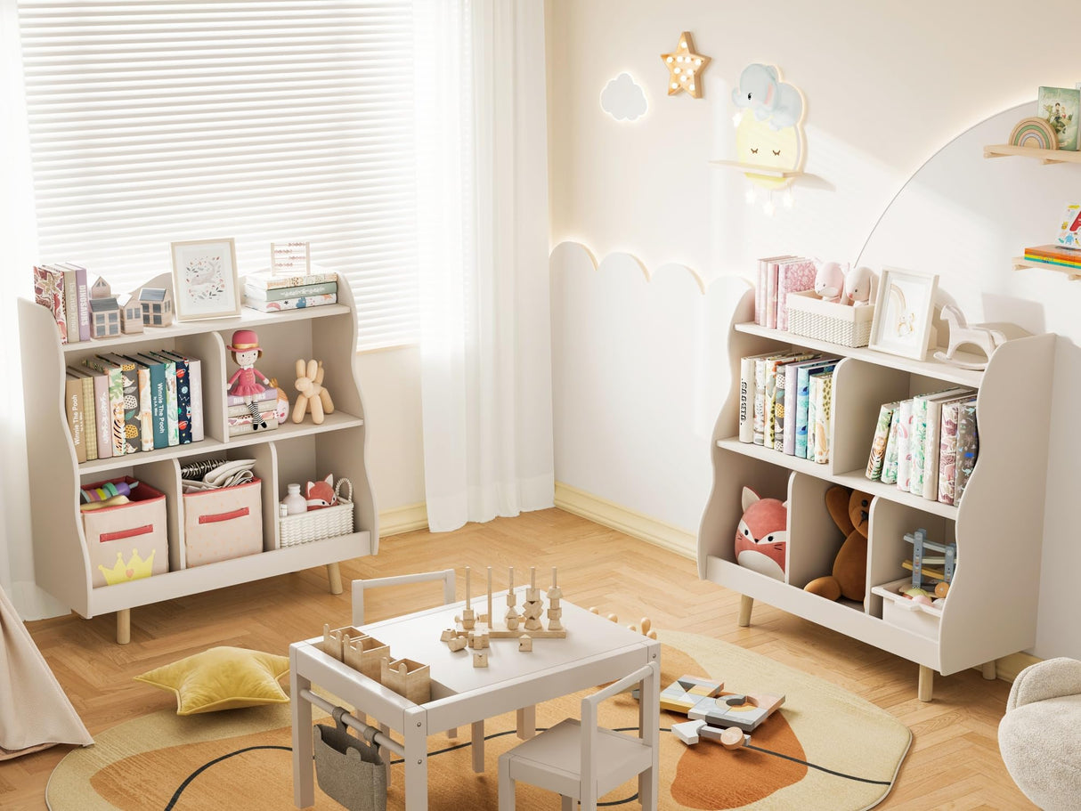Treocho Kids Bookshelf and Toy Storage Orangizer, 3-Tier Wooden Children's Bookcase with Curve Design, 5 Cubbies Toy Storage Cabinet Display with Legs for Children's Room, Playroom, School, White Treocho