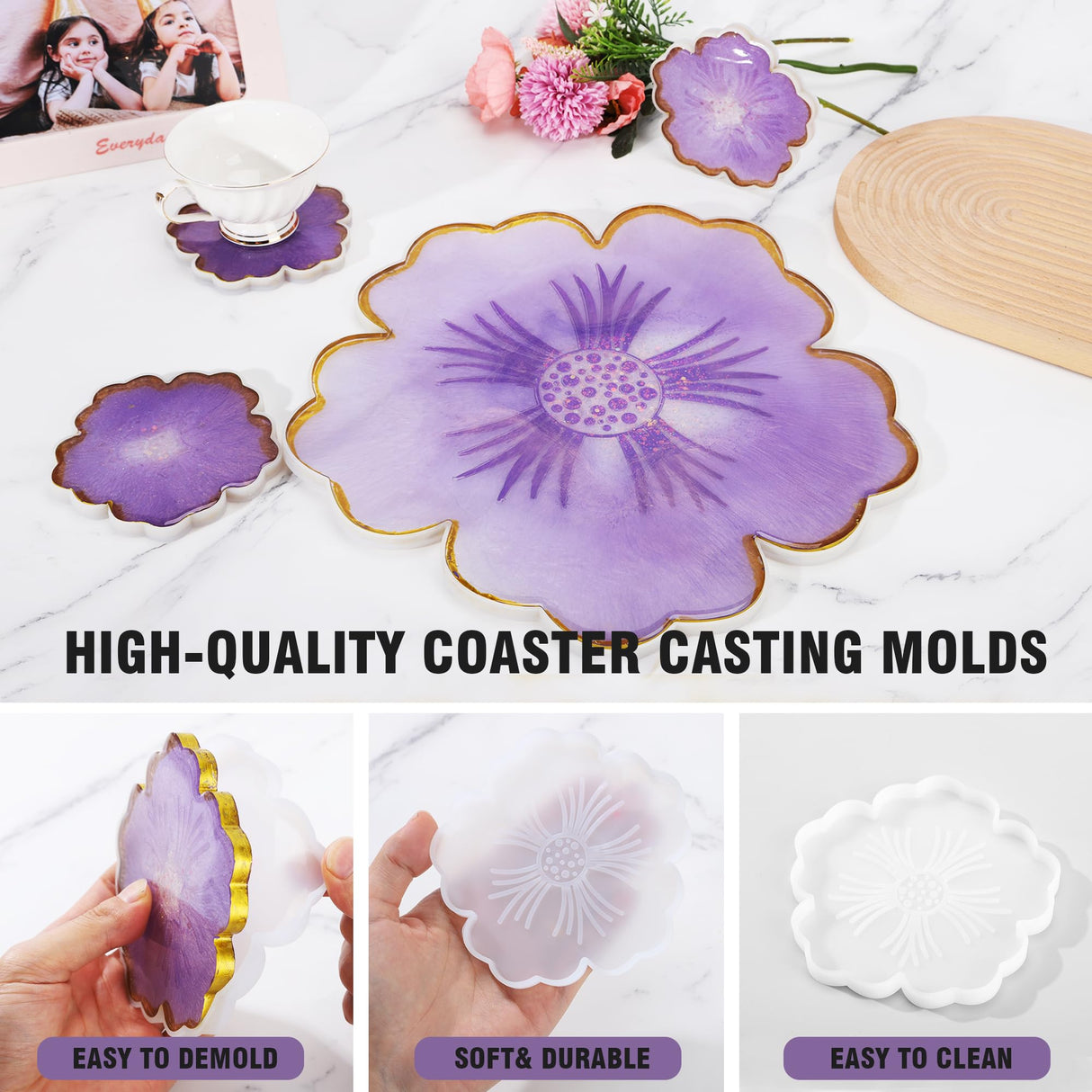 1PCS Large Resin Tray Mold and 5PCS Coaster Molds for Resin Casting Large Flower Silicone molds for Resin Tray Casting Flower Shape Epoxy Resin Casting Molds for DIY, Home Decoration AOEDEO