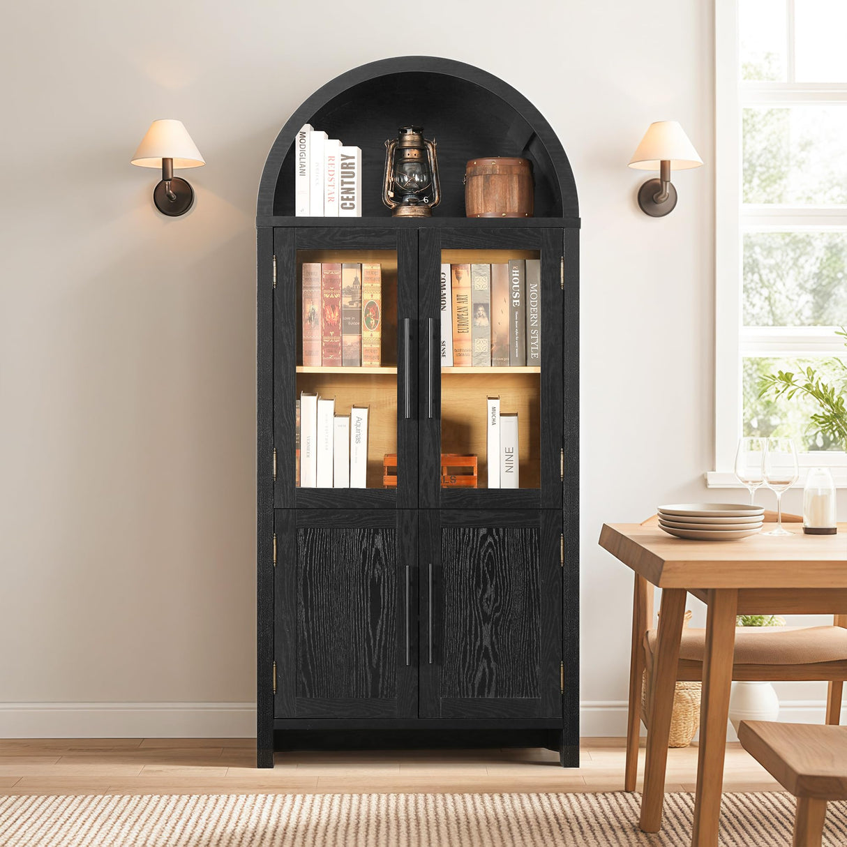 71" Farmhouse Tall Arched Pantry Storage Cabinet, Display Cabinet with Glass Doors,China Cabinet,Curio Cabinet, Bookshelf&Bookcase with Doors, Kitchen、 Dining Room、 Living Room Furniture, Black FUSUNBAO