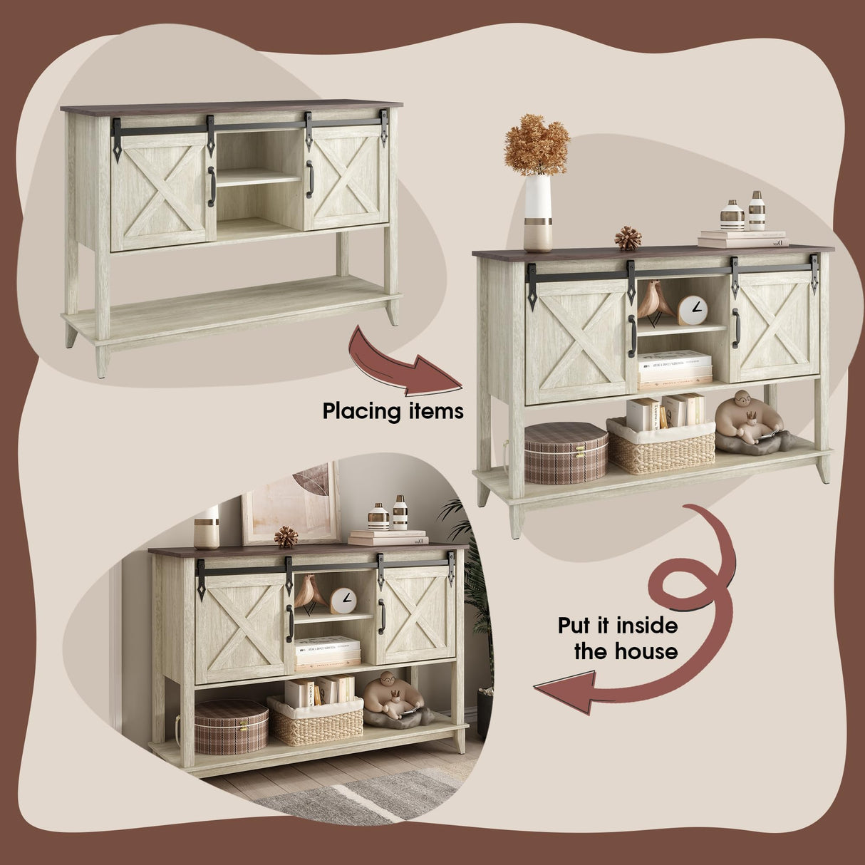 Vabches Entryway Table with 2 Sliding Barn Doors, 46" Farmhouse Console Table with Adjustable Storage Shelf, Sofa Table for Entryway, Hallway, Living Room, Metal Corner Trim & Handles, Rustic White Vabches