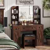 Vabches Makeup Vanity Desk, Vanity Mirror with Lights Desk and Chair,Makeup Table with 3 Large Drawers and 2 Cabinets, Time and Temperature Display, 3 LED Lighting Modes Adjustable, Brown Vabches