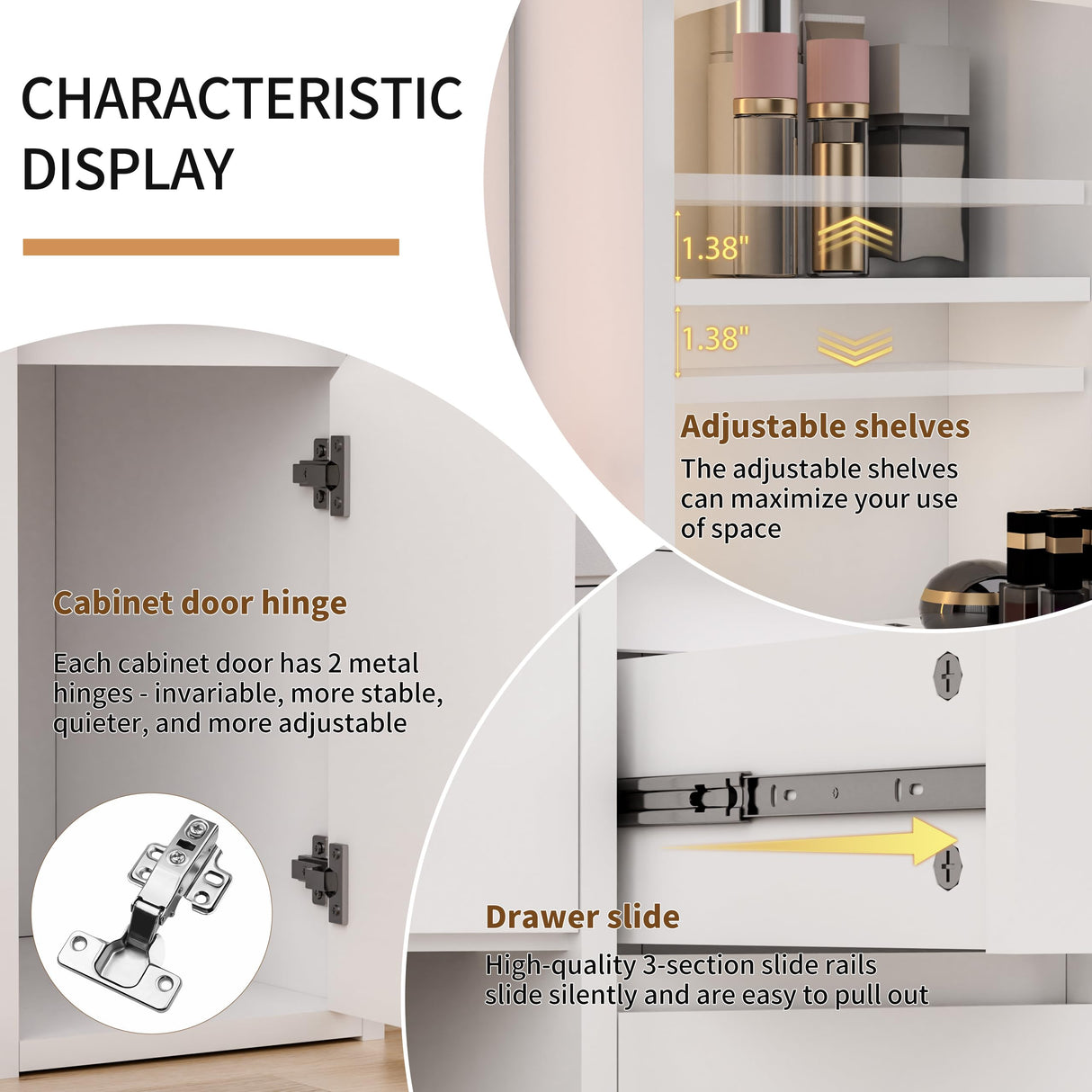 COWMOU Tall Vanity Desk with LED Mirror and RGB Lights Shelves, White Makeup Vanity with Power Outlet, Vanity Table with 5 Sliding Drawers & 2 Cabinets for for Bedroom and Dressing Room COWMOU