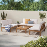 SUNSITT 6 Piece Acacia Wood Patio Furniture Outdoor Sectional Sofa Set with Adjustable Armrest, FSC Certified L-shaped Patio Set w/2-in-1 Coffee Table, Cream White Cushions for Garden SUNSITT