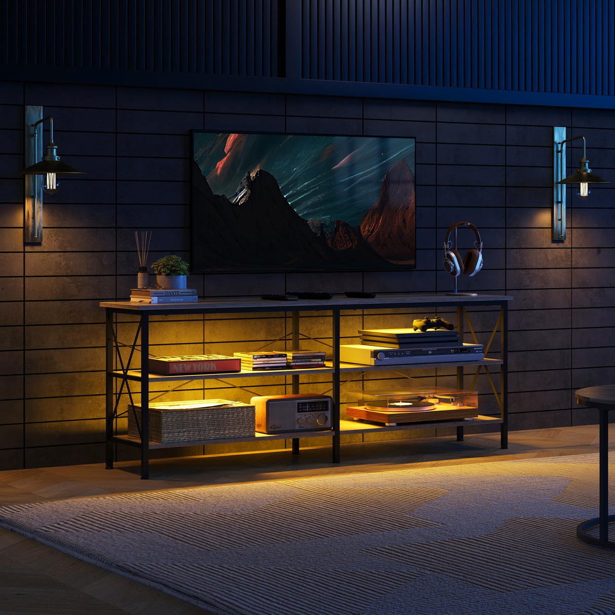 WLIVE TV Stand up to 70 Inch TV, 63" Entertainment Center with LED, TV Media Console with 3-Tier Storage Shelves for Living Room and Bedroom, Greige WLIVE