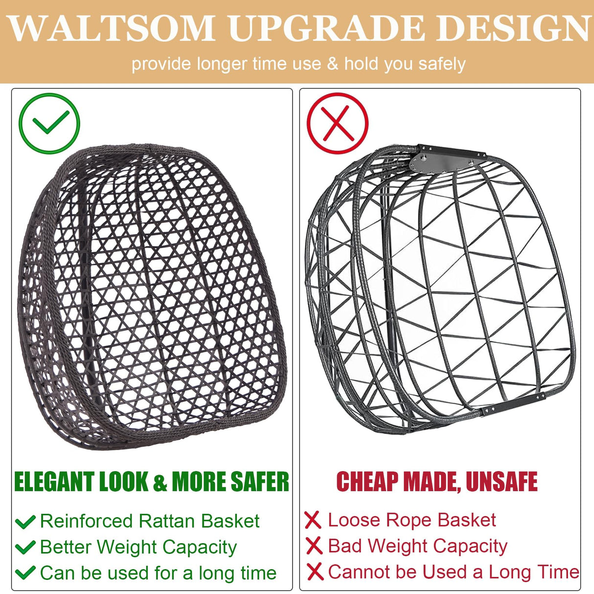 Double Hanging Swing Egg Chair with Stand, Hexagon Wicker Hammock Swing Chair for Outdoor Garden Patio, 2 Person Egg Chair with Foldable Loveseat Removable Cushions (Dark Grey) WALTSOM