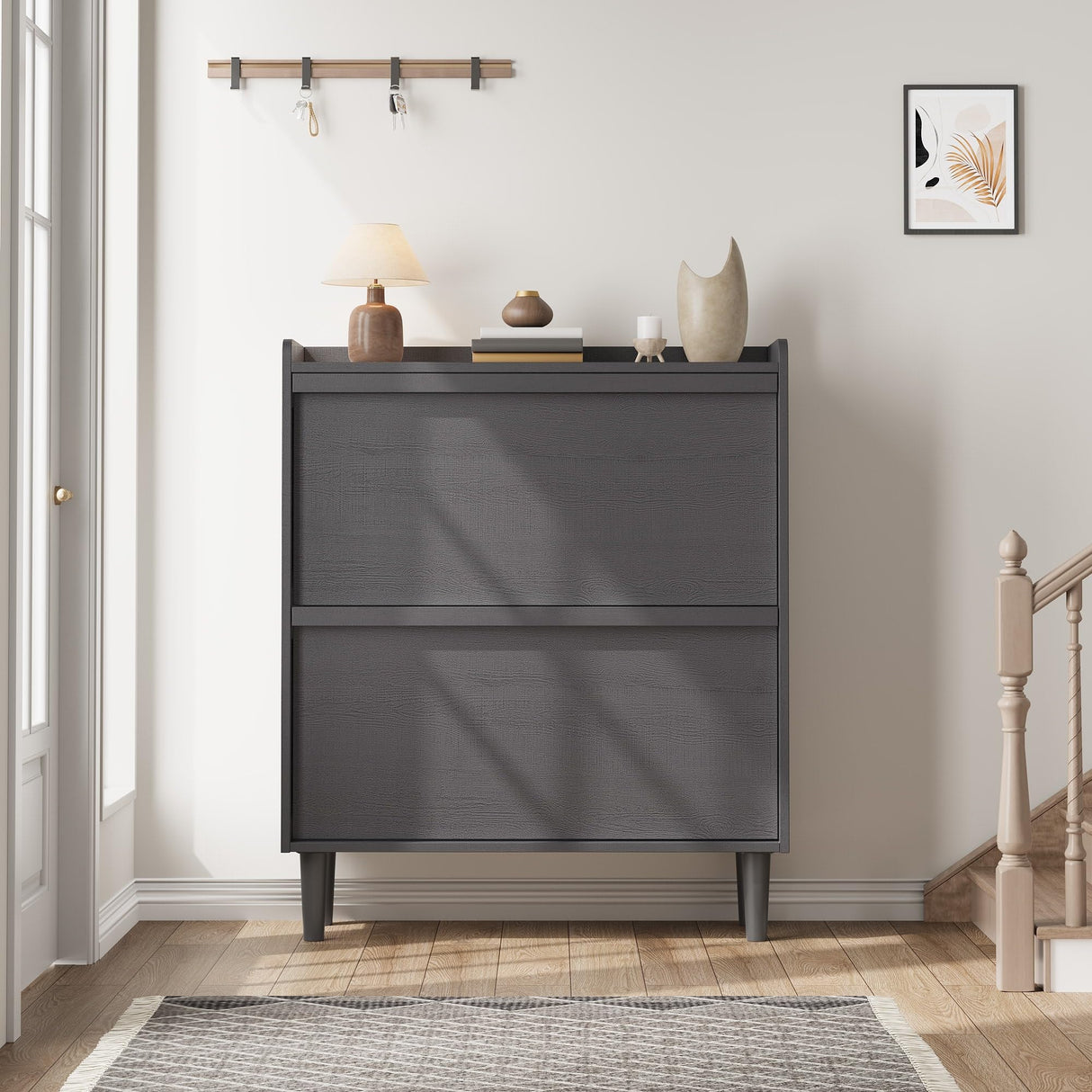 GarveeHome Shoe Cabinet with 2 Flip Drawers, Wooden Shoe Organizer Cabinet with Adjustable Shelf, Shoe Storage for Entryway, Hidden Shoe Cabinet for Hallway, Living Room, Black GarveeHome