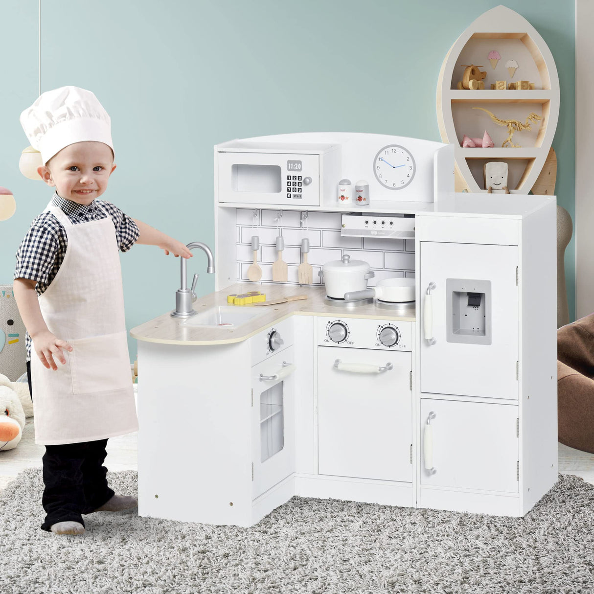 Qaba Kids Play Kitchen Set Pretend Wooden Cooking Toy Set with Drinking Fountain, Microwave, Fridge and Accessories for Age 3 Years, White Qaba