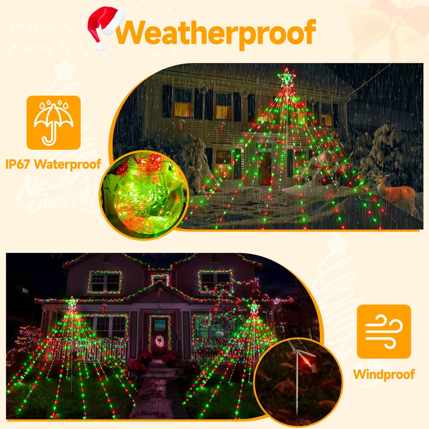 Ollny Christmas Lights Tree Red&Green 340LED with Topper Star, IP67 Waterproof Remote Control Waterfall Lights with Pole, 8 Lighting Modes Timer Dimmable Christmas Decorations Outdoor Yard Garden Lawn