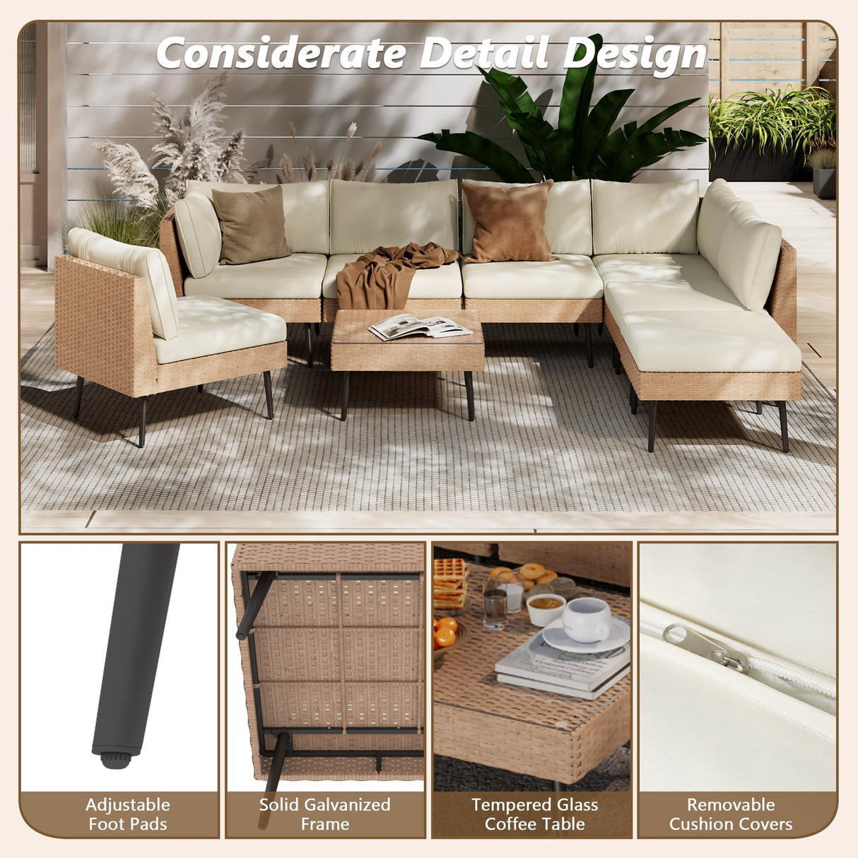 Rotihom 8-Piece Wicker Outdoor sectional Patio Furniture Set with Additional Waterproof Cover, Conversation Patio Furniture with Washable Thick Cushions for Garden, Backyard, Poolside Rotihom