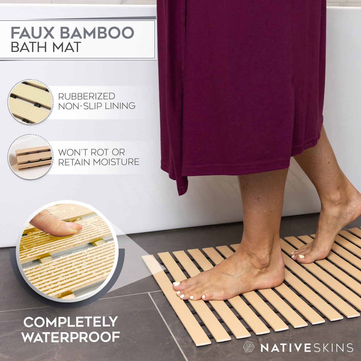 NativeSkins Faux Bamboo Bath Mat, Non-Slip Safety Lining, Bamboo Shower Mat, Waterproof, Quick-Drying, Mat for Spa, Sauna, Bamboo Mat, Teak Bath mat - Large 16.9 x 30.7 in NativeSkins