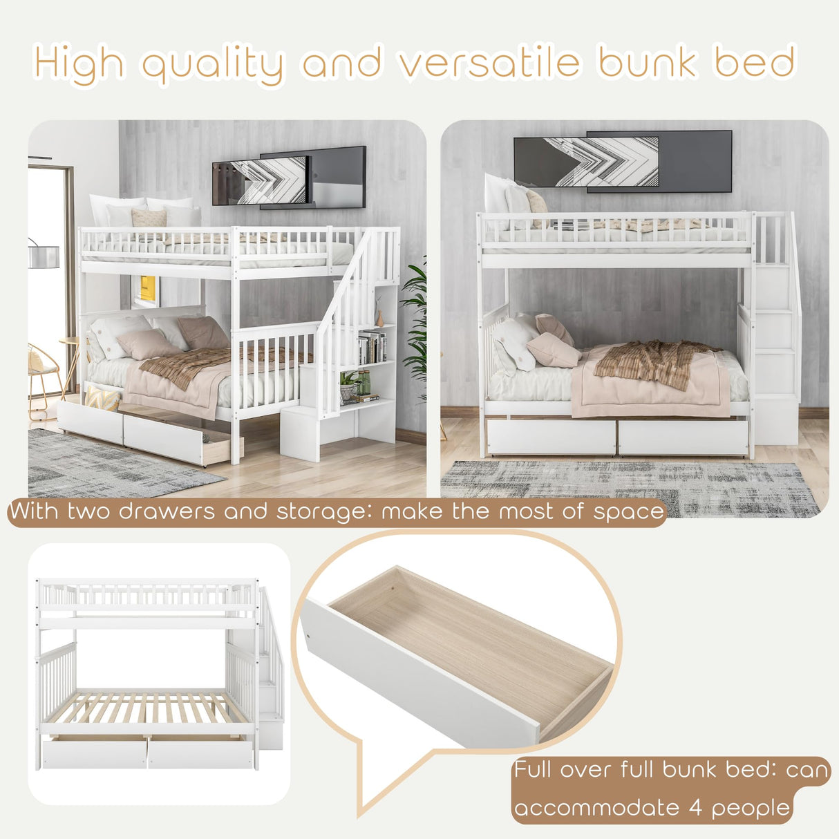 Full Over Full Bunk Beds with Drawers and Stairs Stairway Bunk Bed Frame with Storage Shelves for Kids Teens Adult, Wood Full Bunk Bed for Boys Girls Adults, White Bellemave