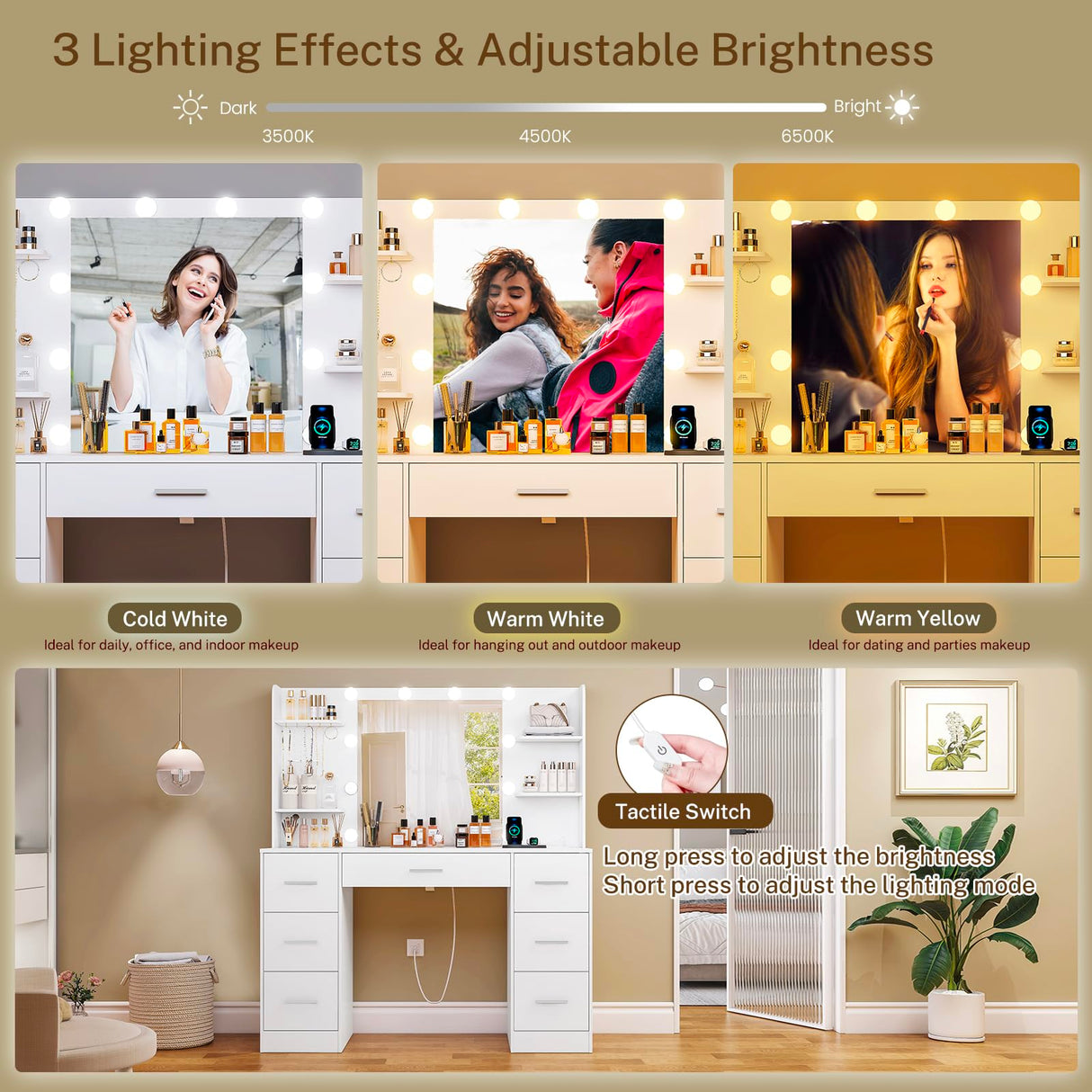 FIONESO Large Makeup Vanity, 43.3" Vanity Desk with Mirror and Lights, Makeup Vanity Table with 7 Drawers, 4 Shelves, 5 Jewel Hooks & Power Strip, Vanity Desk Set for Bedroom, White FIONESO