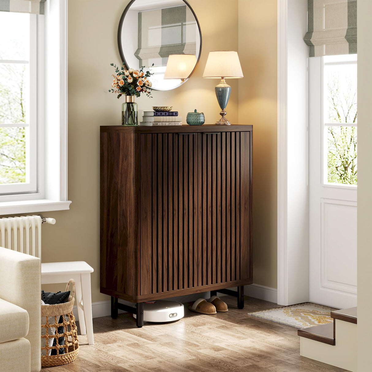 Tribesigns 6-Tier Shoe Cabinet with Louvered Doors, Large Wooden Shoe Storage Cabinet with Adjustable Shelves, Modern Freestanding Shoe Organizer Cabinet for Entryway, Hallway, Walnut (Dark Walnut) Tribesigns