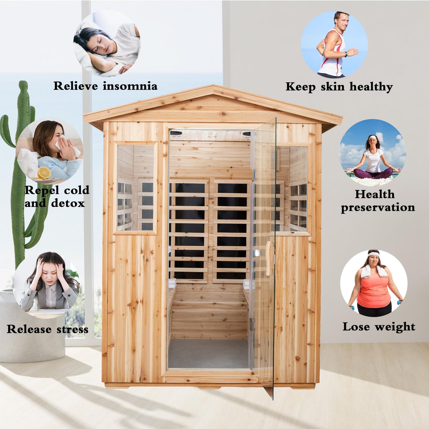 WEALTHOME Outdoor Sauna for 4 Person,Applicable Indoors and Outdoors. Far Infrared Sauna 8 Low EMF Heaters, Wooden Sauna Room 2050 Watt, Old Chinese Fir, Chromotherapy, Bluetooth Speaker, LCD, LED